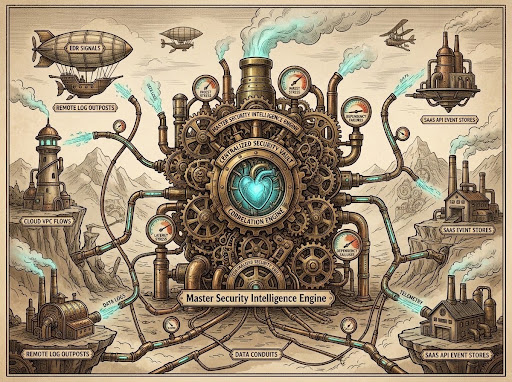 A steampunk illustration of a Master Security Intelligence Engine, with pipes and conduits pulling in EDR signals, cloud VPC flows, remote log outposts, and SaaS API event stores